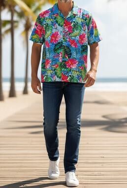 HAPPY BAY Hawaiian Shirt Mens Medium Button Down Tropical Blue Green Red Aloha